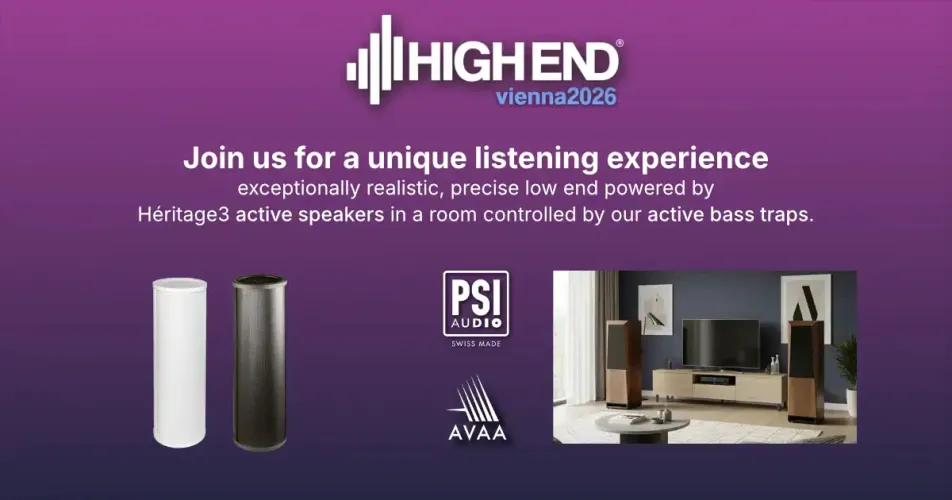PSI Audio at HIGH END 2026 with high-end speakers Héritage3 and active bass trap AVAA C214