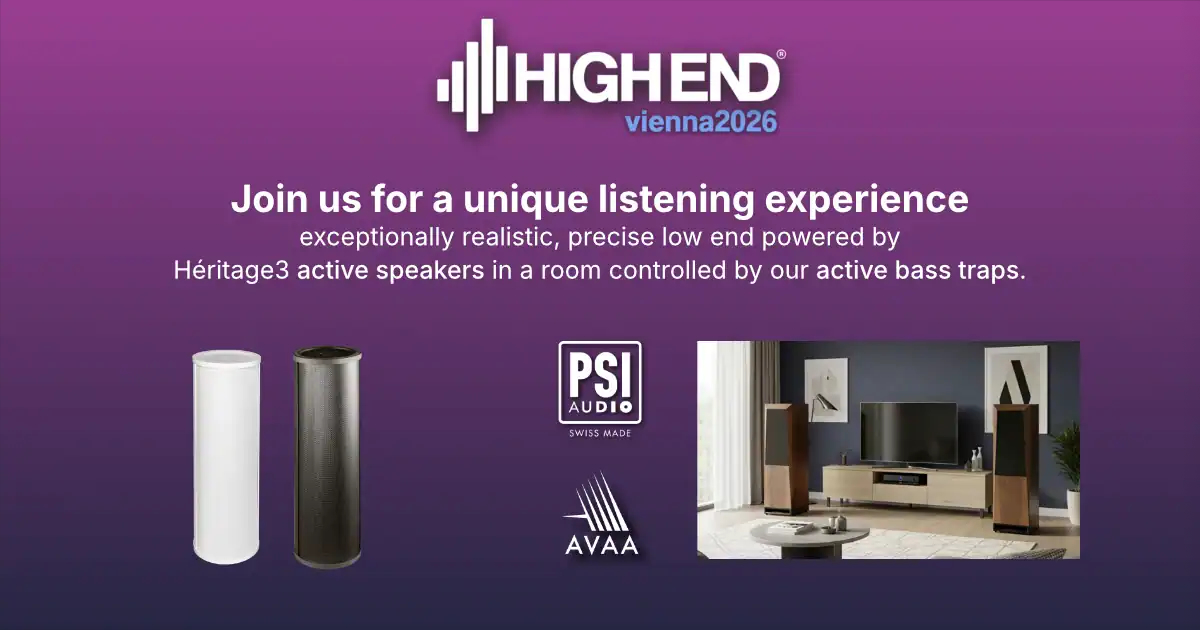 PSI Audio at HIGH END 2026 with high-end speakers Héritage3 and active bass trap AVAA C214. Image source - (c) PSI Audio